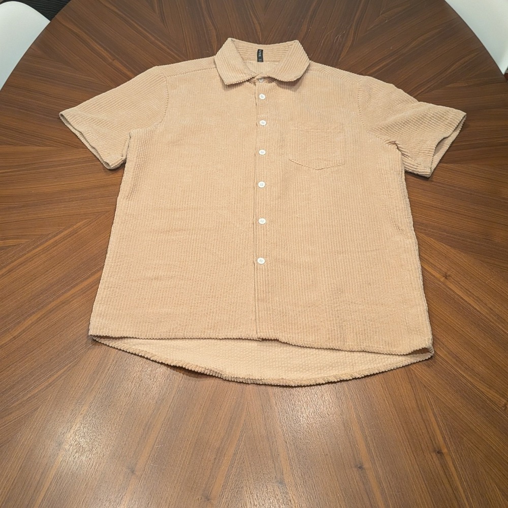 Zaful Short Sleeve Button Down Shirt Mens Tan Excellent Corduroy Ribbed Casual